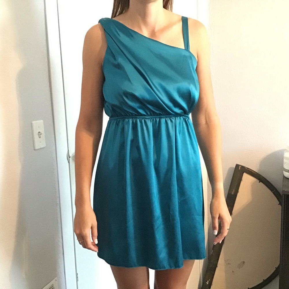 blue metallic cocktail dress with fun straps